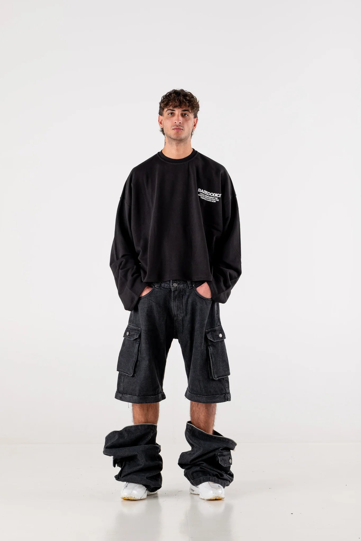 DOUBLE DENIM CARGO PANTS “DE LA RUE À LA RUE” BLACK