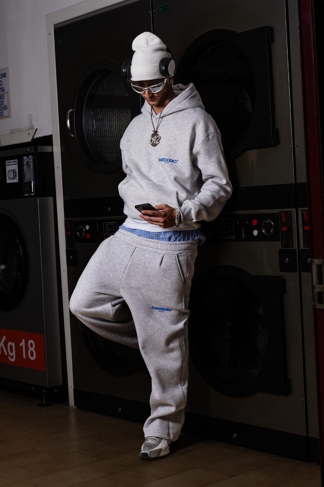 Basedodici Fleece Pants "COMFY" Front Logo AshGrey/Blue